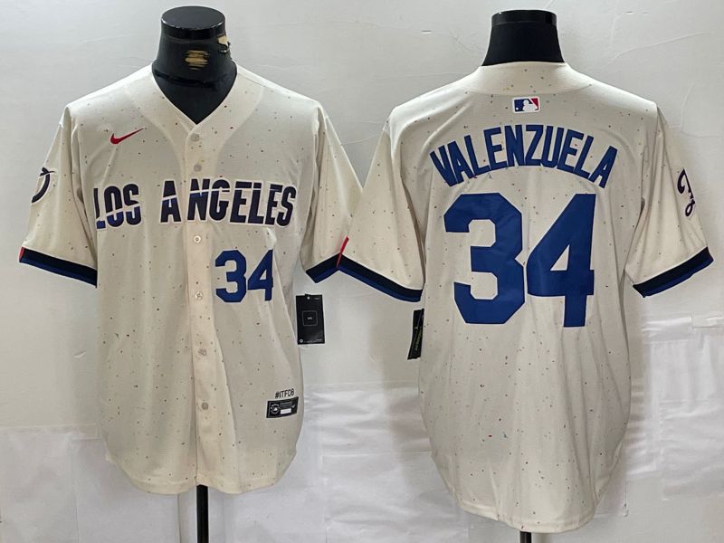 Men Los Angeles Dodgers #34 Valenzuela Cream Fashion Nike Game MLB Jersey style 3